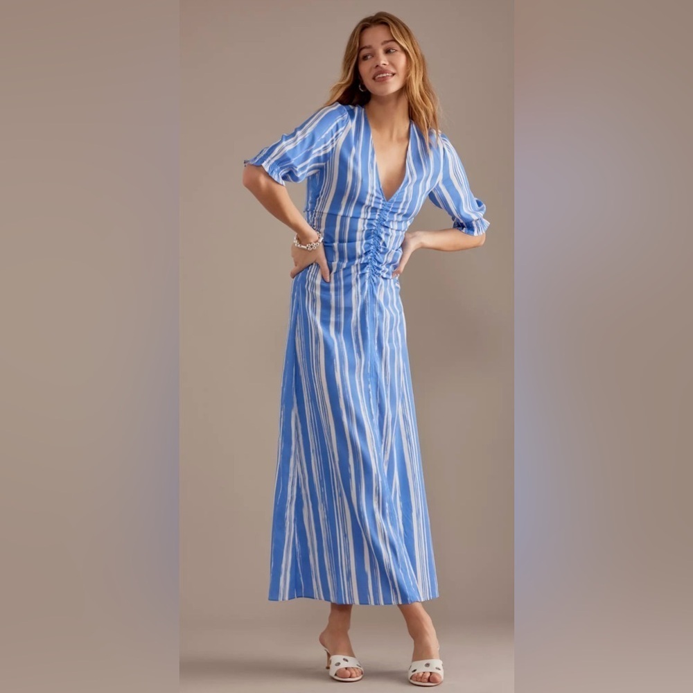 NEW Baum und Pferdgarten Amma Ruched Half Sleeve Striped Midi Dress Blue Size:10